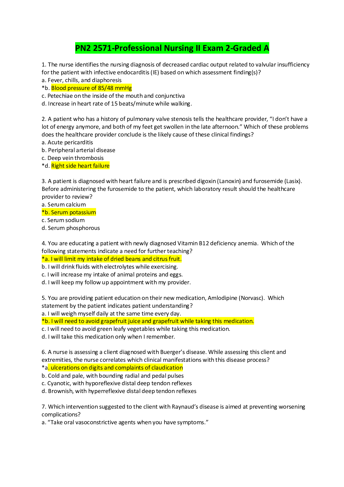 Preview of PN2 2571-Professional Nursing II Exam 2-Graded A